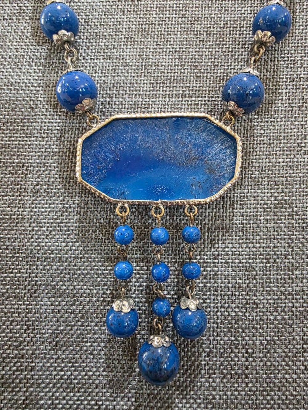 Vintage ART DECO Czech Blue Lapis Exotic Glass Bird Pendant Necklace 14" Bohemia - Picture 8 of 13